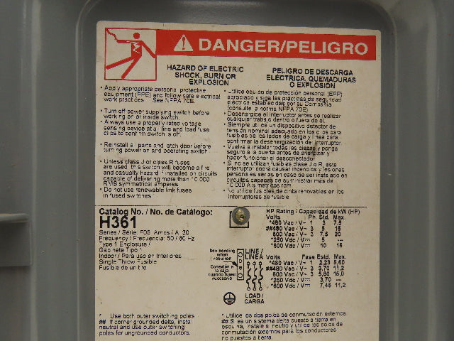 Square D H361N Safety Disconnect Disconnect Switch 30A Fused 3 Pole 600V F05