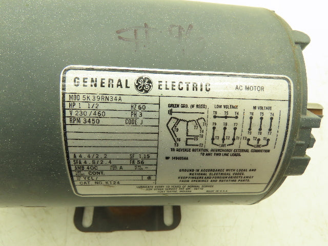 General Electric 5K39RN34A AC Electric Motor 1.5Hp 3450rpm 230/460v 3Ph 56 Fr