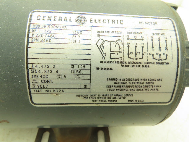 General Electric 5K39RN34A AC Electric Motor 1.5Hp 3450rpm 230/460v 3Ph 56 Fr