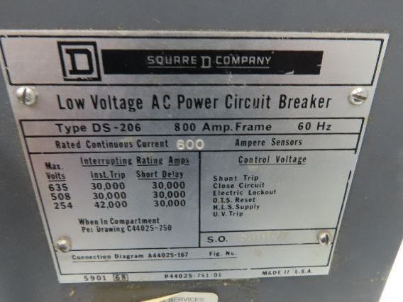 Square D DS 206 Air AC Circuit Breaker 600VAC 600A 3 Pole Amptector I-A