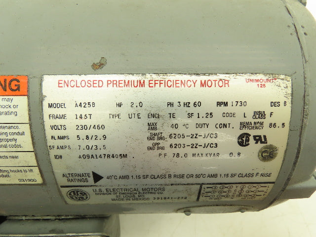 US Motors A425B AC Motor 2Hp 1730rpm 230/460v 3Ph 145T TEFC