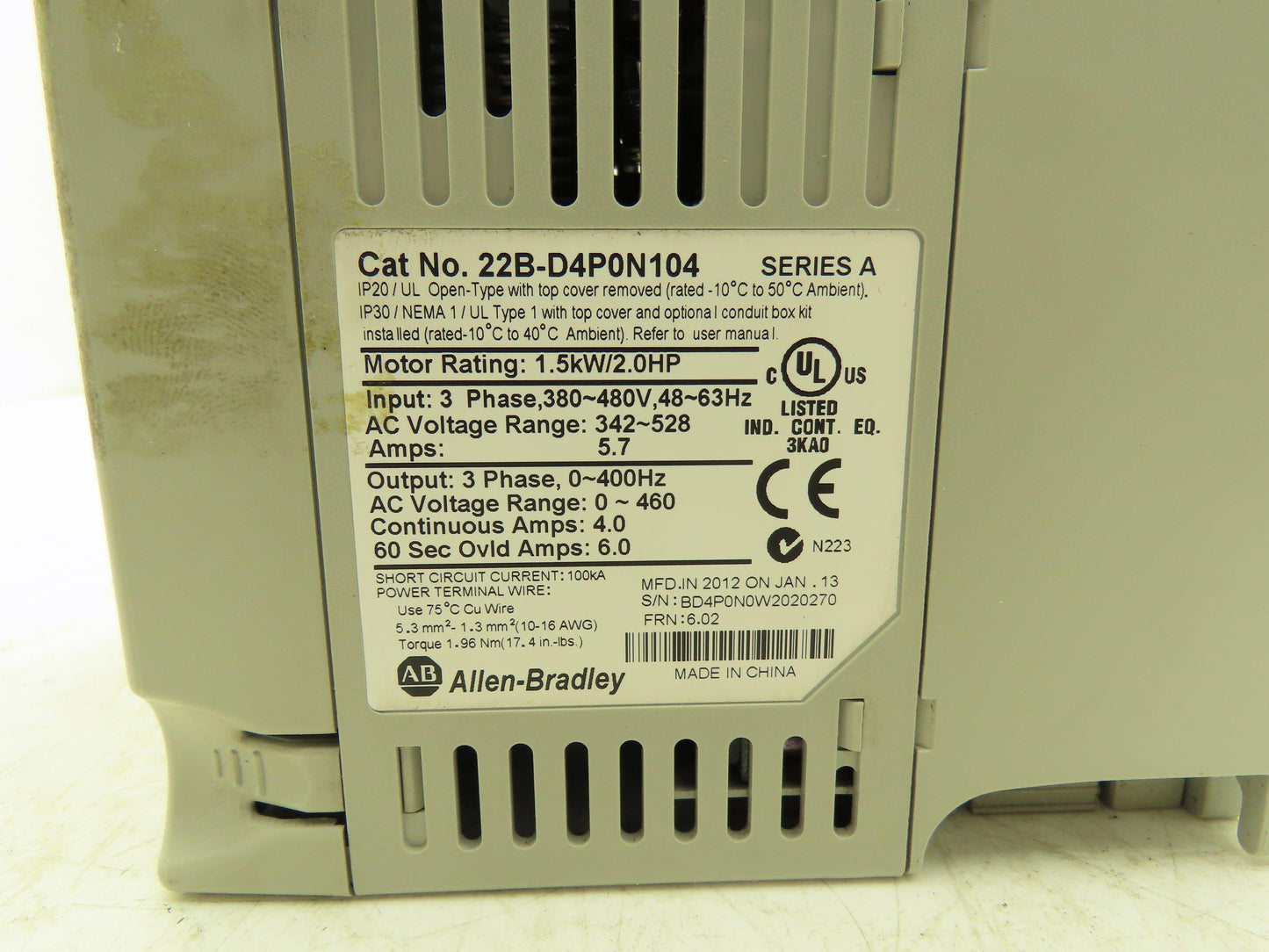 Allen Bradley 22B-D4P0N104 Powerflex 40 VFD AC Drive 1.5kw 2Hp 480V 3Ph FRN 6.02