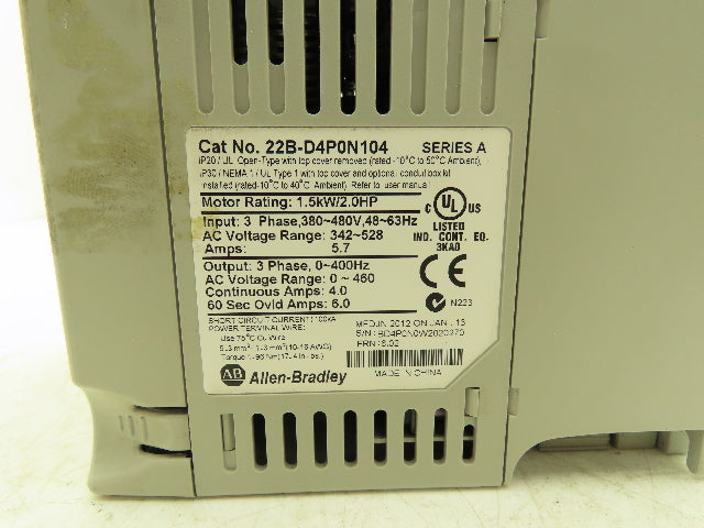 Allen Bradley 22B-D4P0N104 Powerflex 40 VFD AC Drive 1.5kw 2Hp 480V 3Ph FRN 6.02