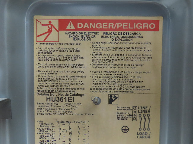Square D HU361EI Safety Disconnect Snap Switch 30A 600V 3-Pole