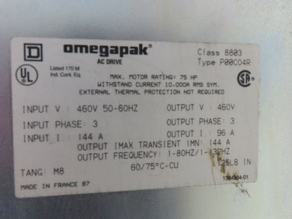 Square D 8803 P00CO4R Omegapak VFD AC Drive 75Hp 55kw 460V 3Ph Constant Torque
