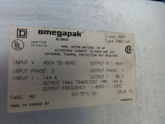 Square D 8803 P00CO4R Omegapak VFD AC Drive 75Hp 55kw 460V 3Ph Constant Torque