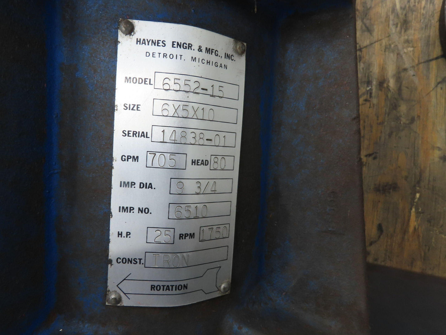 Haynes 6552-15 Vertical Centrifugal Pump 6x5" Flanged 25Hp 705gpm -No Motor-