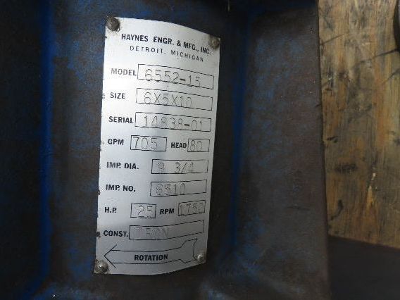 Haynes 6552-15 Vertical Centrifugal Pump 6x5" Flanged 25Hp 705gpm -No Motor-