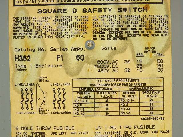 Square D H362 Heavy Duty Fused Safety Disconnect Switch 60A 600VAC Series F1