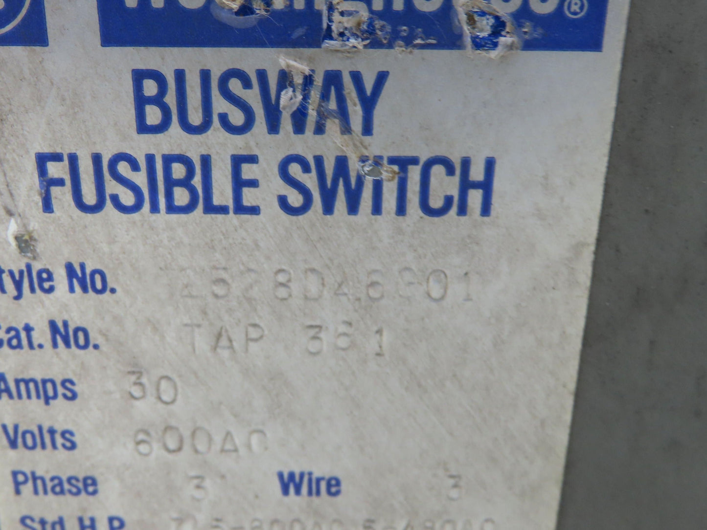 Westinghouse Fusible Busway Disconnect Switch Bus Plug 30A 600VAC 3PH 3W