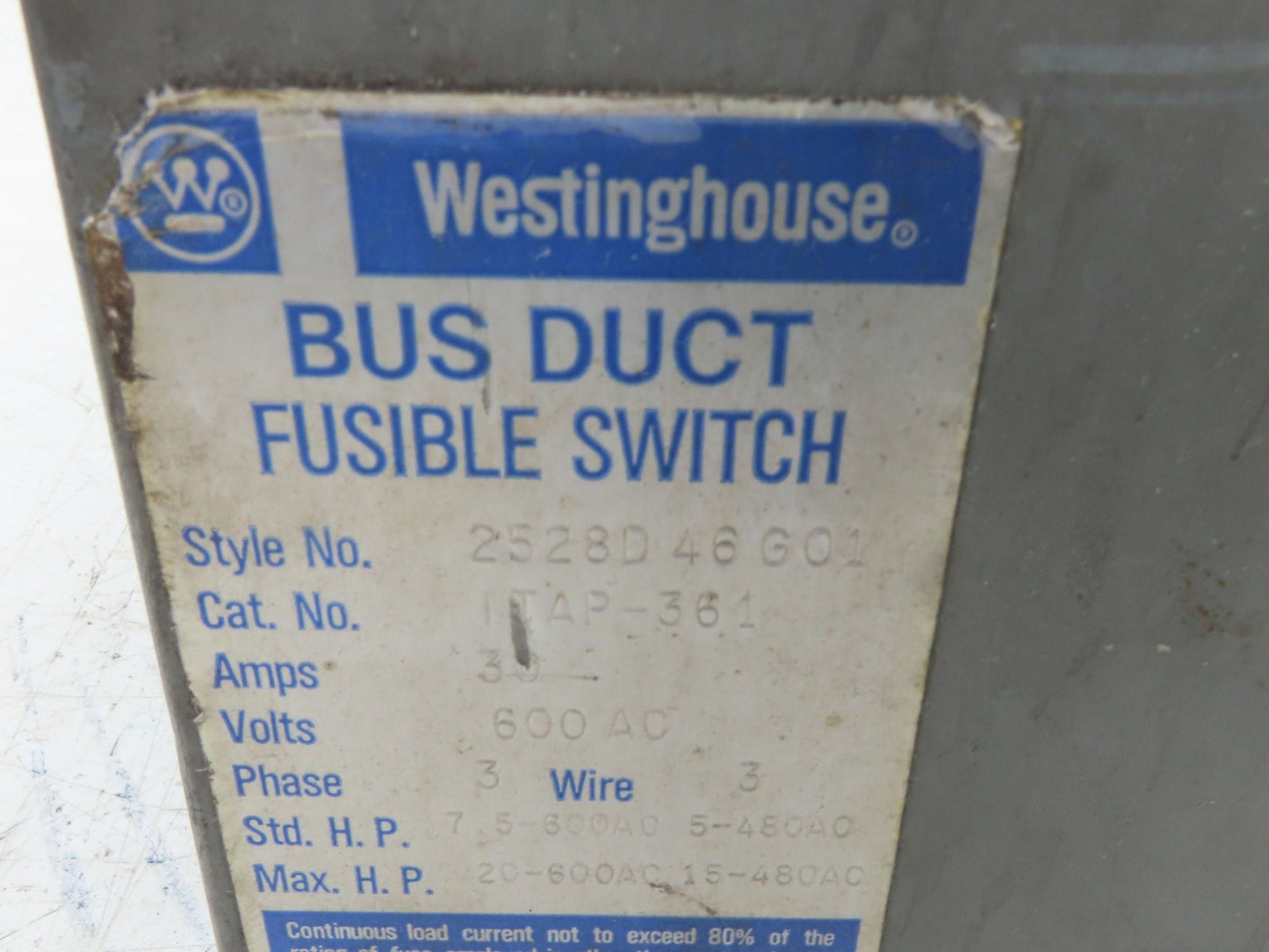 Westinghouse Fusible Busway Disconnect Switch Bus Plug 30A 600VAC 3PH 3W