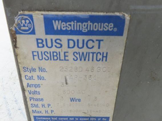 Westinghouse Fusible Busway Disconnect Switch Bus Plug 30A 600VAC 3PH 3W