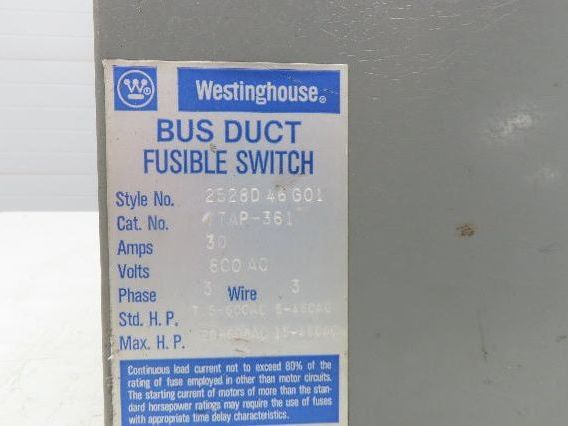 Westinghouse Fusible Busway Disconnect Switch Bus Plug 30A 600VAC 3PH 3W