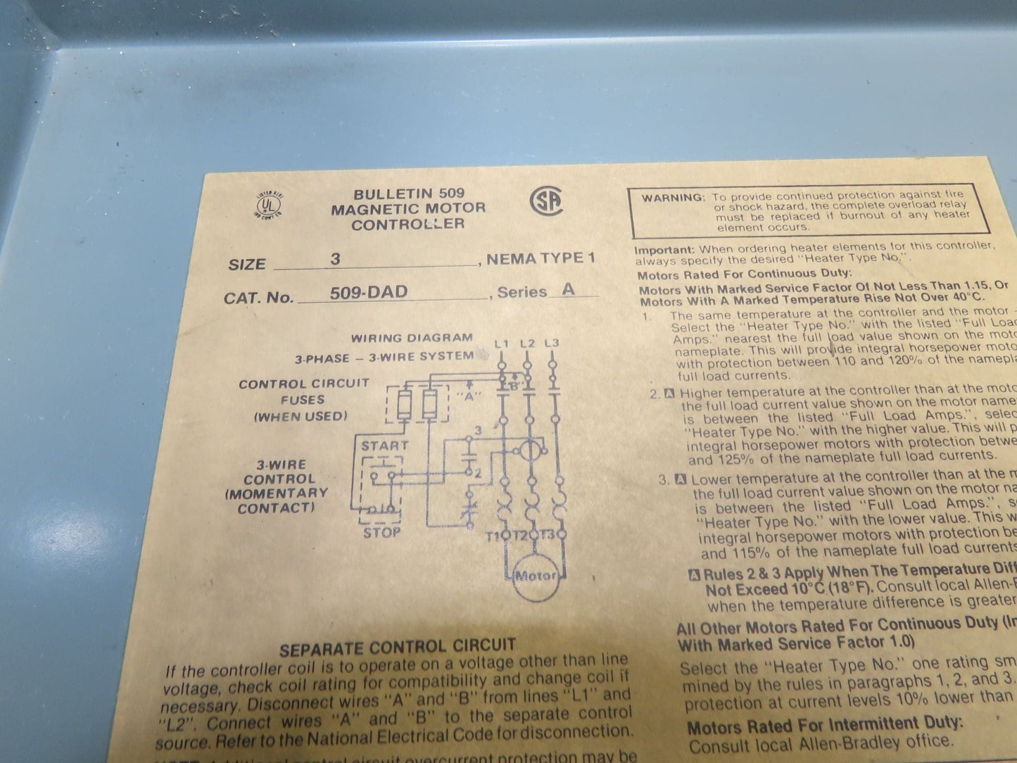 Allen Bradley 509-DAD Motor Starter Size 3 Contactor 509-DOD 600V 90A 50Hp