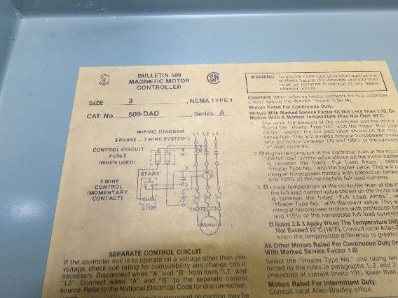 Allen Bradley 509-DAD Motor Starter Size 3 Contactor 509-DOD 600V 90A 50Hp