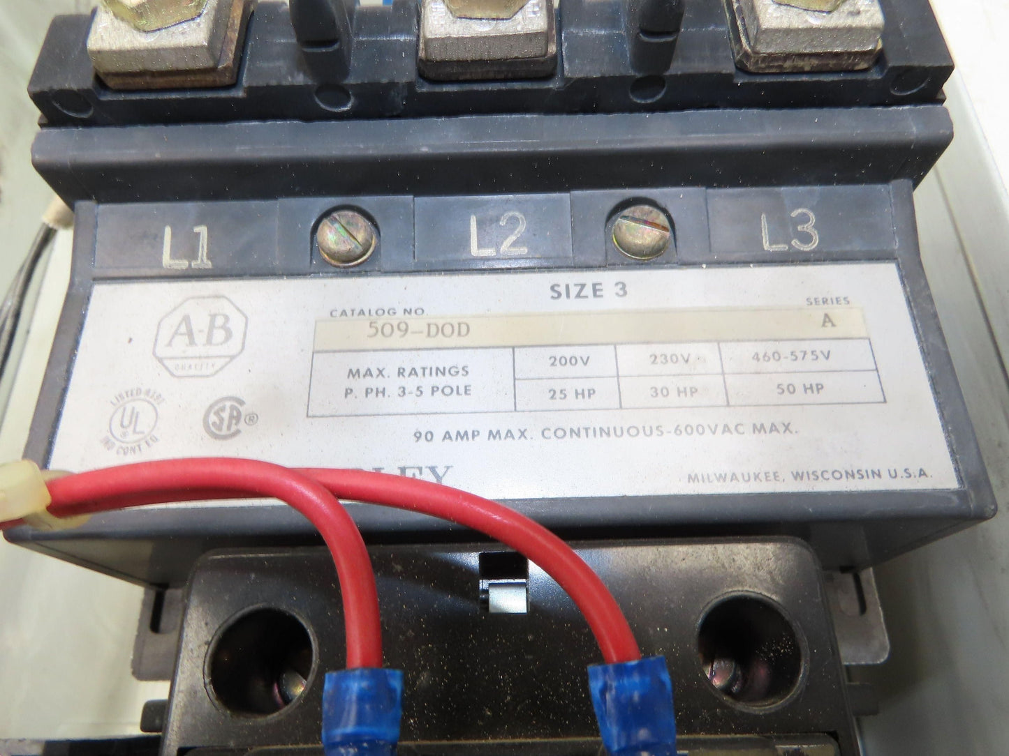 Allen Bradley 509-DAD Motor Starter Size 3 Contactor 509-DOD 600V 90A 50Hp