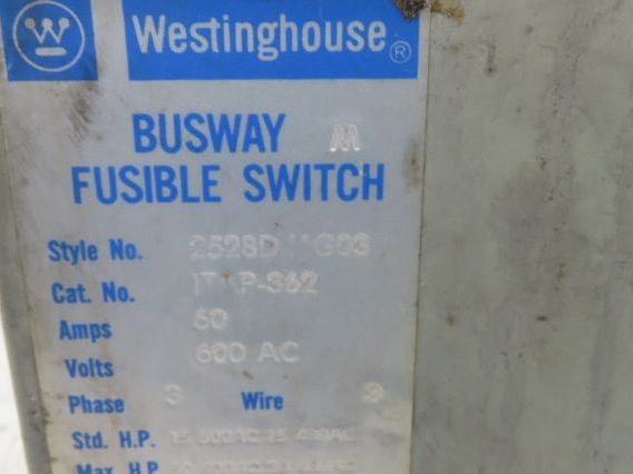 Westinghouse Fusible Busway Disconnect Switch Bus Plug 60A 600VAC 3PH 3W