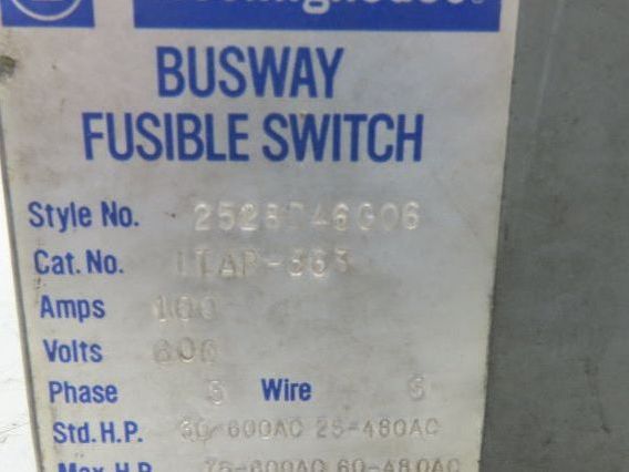 Westinghouse Fusible Busway Disconnect Switch Bus Plug 100A 600VAC 3PH 3W