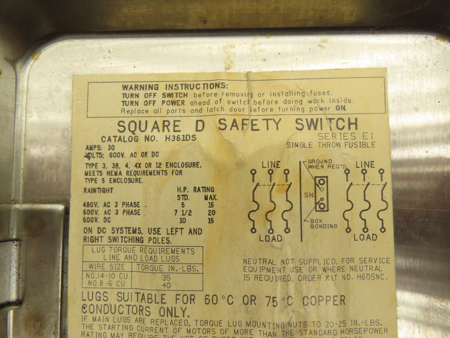 Square D H361DS Safety Disconnect Switch 30A 600V 3PH Fused Stainless