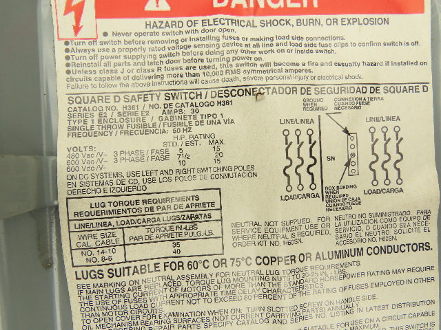 Square D H361 Safety Disconnect Switch Fusible 30A 3PH Series E1 Mixed Lot of 2