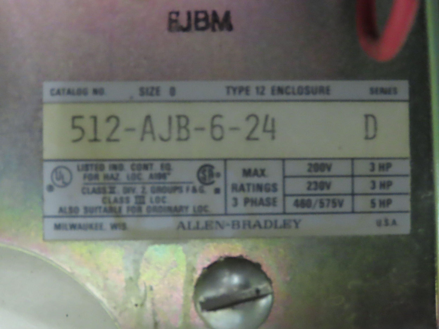 Allen Bradley 512-AJB-6-24 Combination Motor Starter 600V 3Ph