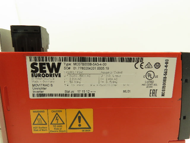 SEW EuroDrive MC07B0008-5A3-4-00 Movitrac B AC Drive VFD 3Ph 2.4A 599Hz 500v