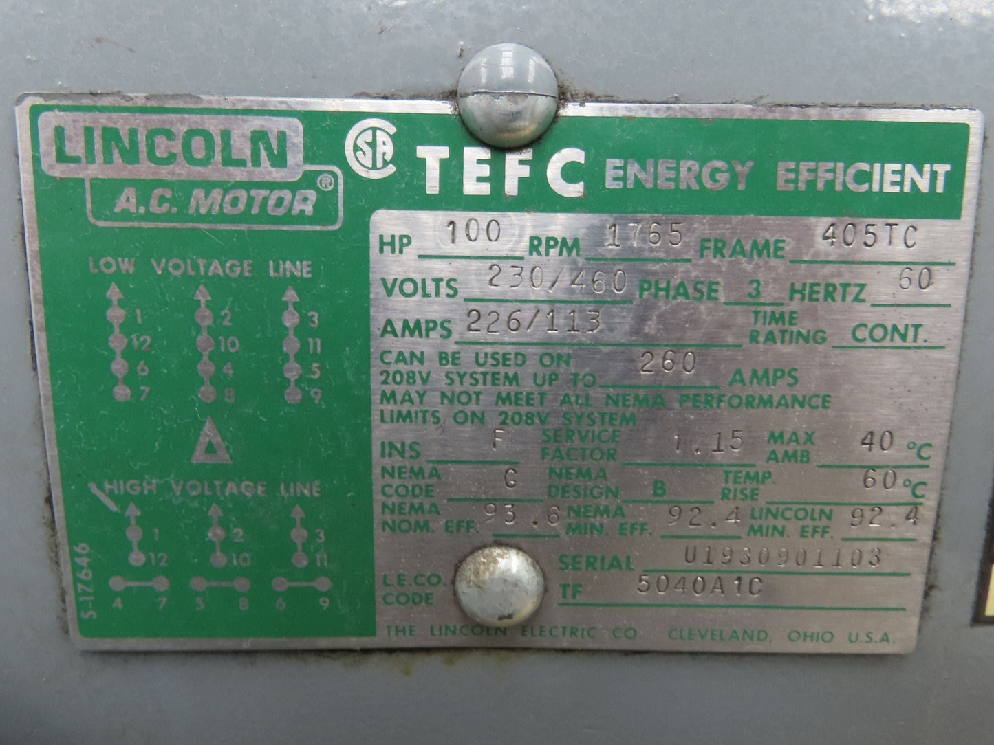 Lincoln Electric AC Motor 100HP 1750RPM 230/460V 3Ph 405TC TEFC