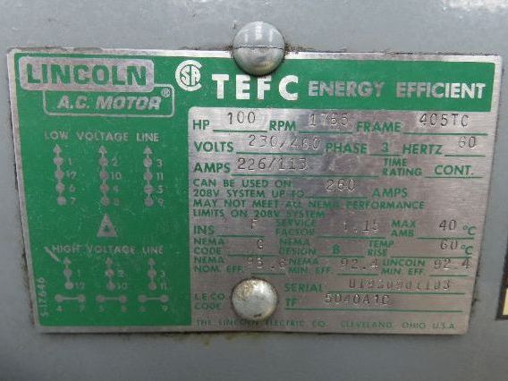 Lincoln Electric AC Motor 100HP 1750RPM 230/460V 3Ph 405TC TEFC