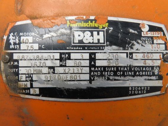 P&H Bridge Crane Hoist Motor 3Hp 1670 RPM 230/460V 3PH X213Y Frame