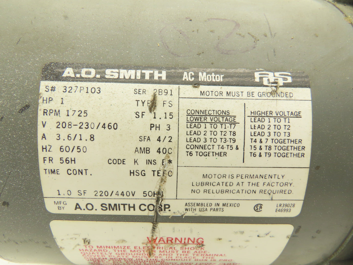 A.O. Smith 327P103 AC Motor 1Hp 1725rpm 208-230/460v 3ph 56H TEFC