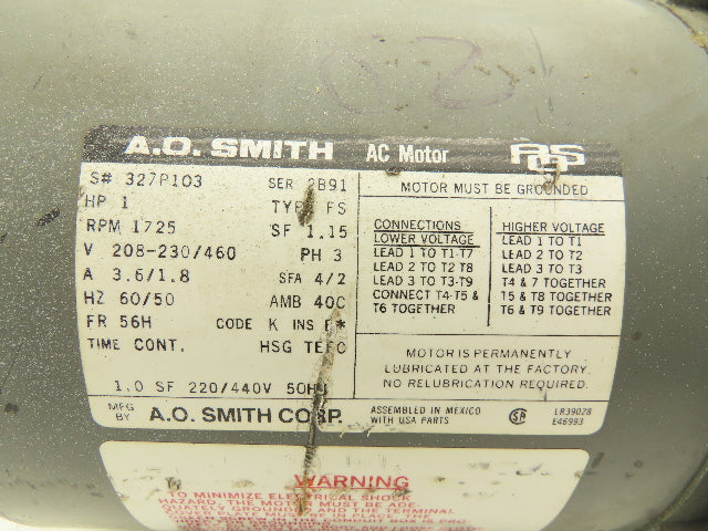 A.O. Smith 327P103 AC Motor 1Hp 1725rpm 208-230/460v 3ph 56H TEFC