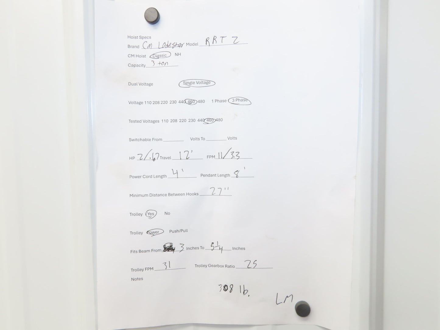 CM Lodestar RRT2 3 ton Electric Chain Hoist 11/3.3 FPM 12' L 635 Power Trolley