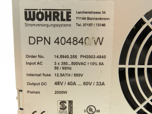 Wohrle DPN 404840/W Power Supply 48-60vDC 40-33A 2kW Out 380-500vAC 3Ph In