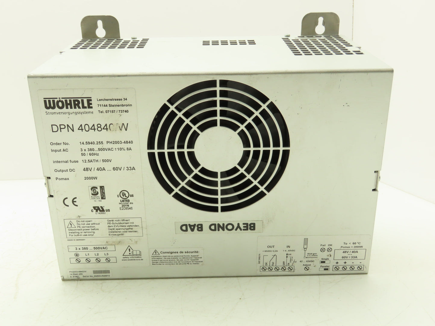 Wohrle DPN 404840/W Power Supply 48-60vDC 40-33A 2kW Out 380-500vAC 3Ph In