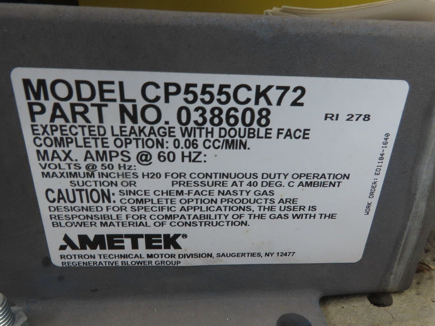 Ametek CP555CK72 Regenerative Vacuum Blower 1.5" NPT Reliance 4 Hp EG G Rotron