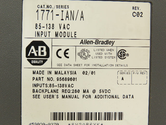 Allen Bradley 1771-IAN AC Input Module 85-138vAC Ser A Rev C02