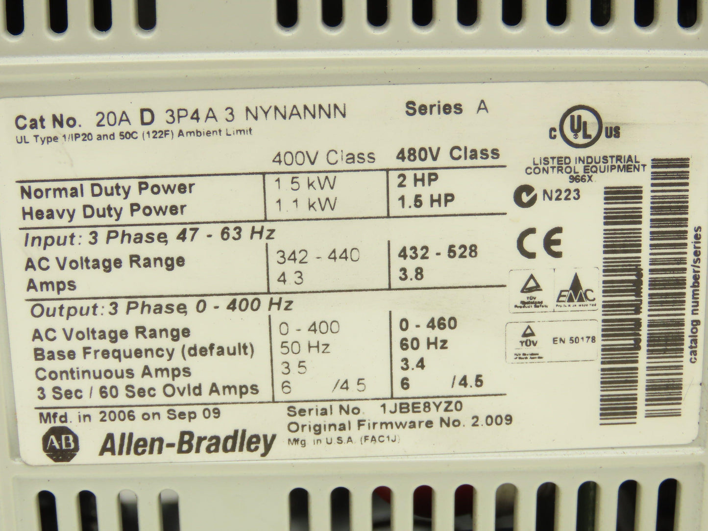 Allen Bradley 20AD3P4A3NYNANNN PowerFlex 70 Variable AC Drive VFD 2Hp 480v 3Ph