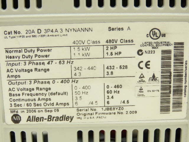 Allen Bradley 20AD3P4A3NYNANNN PowerFlex 70 Variable AC Drive VFD 2Hp 480v 3Ph