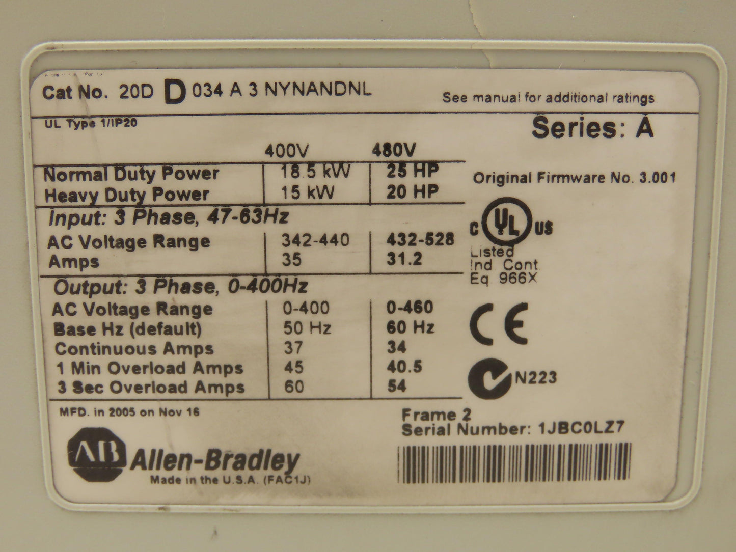 Allen Bradley 20DD034A3NYNANDNL PowerFlex 700S VFD 25Hp 460v 34A F/W 3.001 Ser A