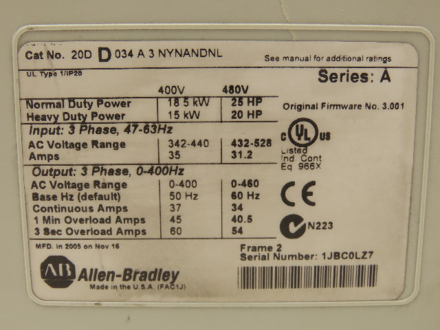 Allen Bradley 20DD034A3NYNANDNL PowerFlex 700S VFD 25Hp 460v 34A F/W 3.001 Ser A