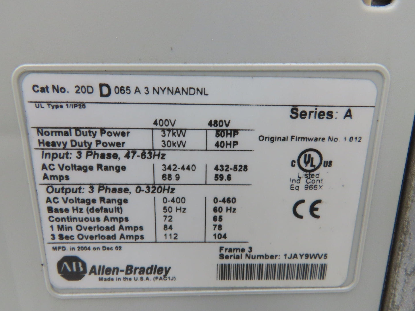 Allen Bradley 20DD065A3NYNANDNL PowerFlex 700S VFD 400Hz 50Hp 460v 65A F/W1.012