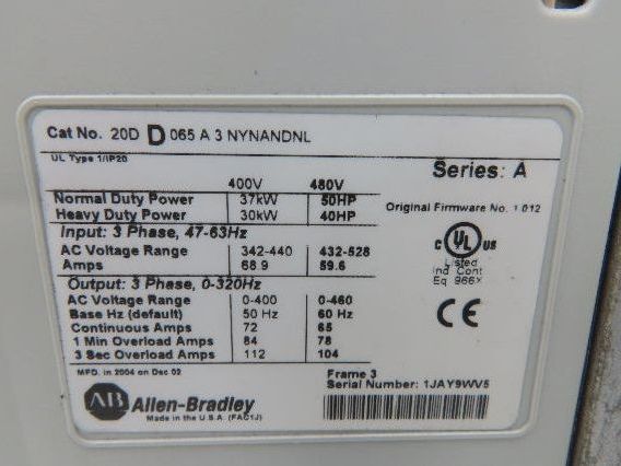 Allen Bradley 20DD065A3NYNANDNL PowerFlex 700S VFD 400Hz 50Hp 460v 65A F/W1.012