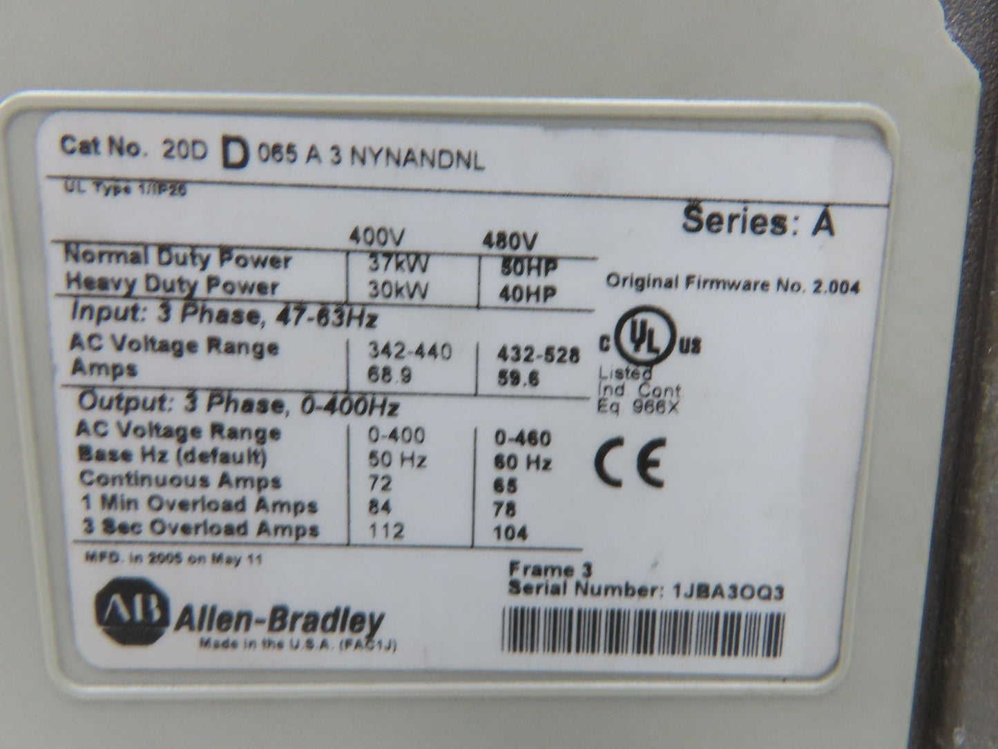 Allen Bradley 20DD065A3NYNANDNL PowerFlex 700S VFD 400Hz 50Hp 460v 65A F/W2.004