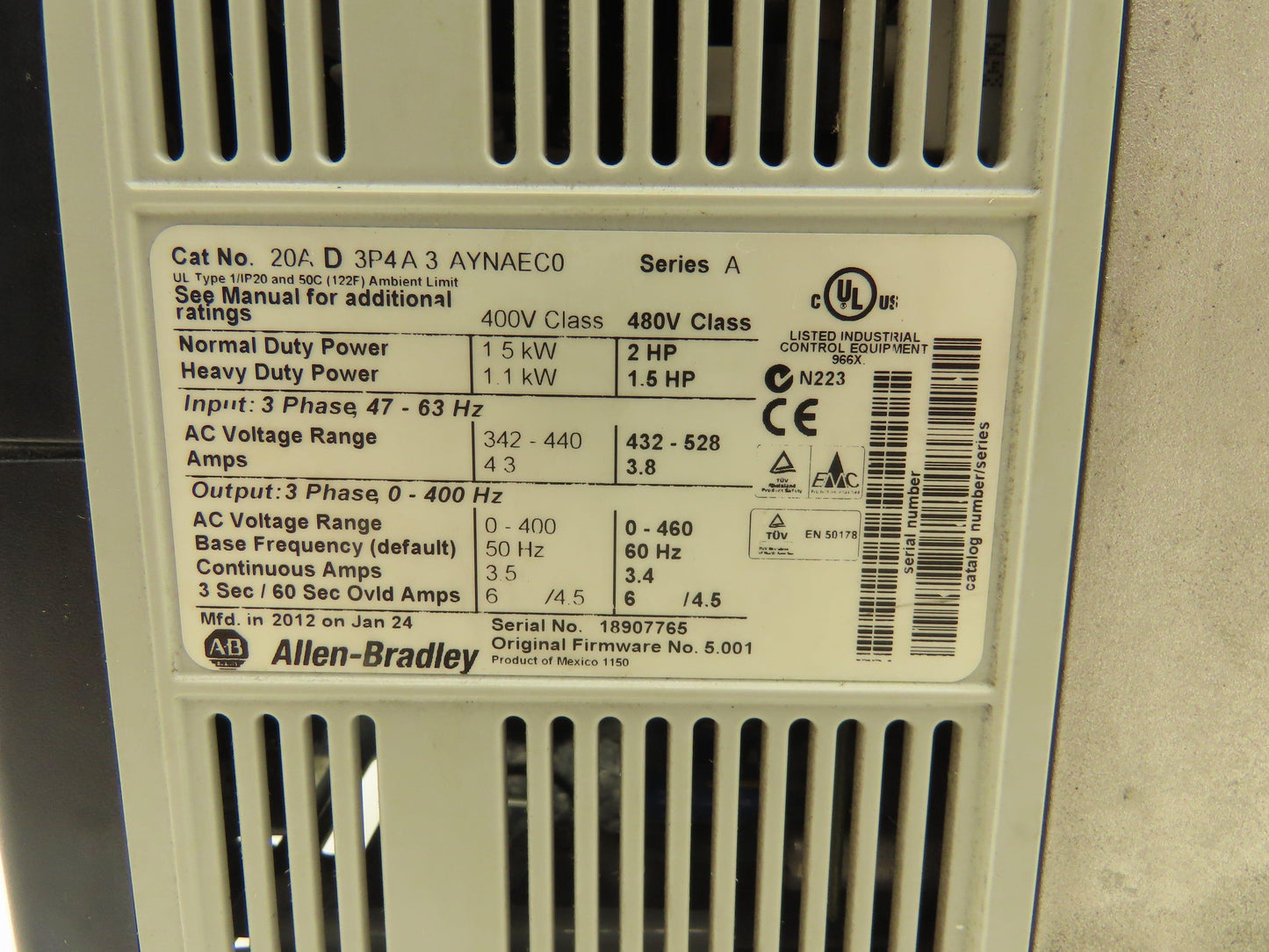 Allen Bradley 20AD3P4A3AYNAEC0 PowerFlex 70 VFD AC Drive 1.5kW 2Hp 460v 3.4A