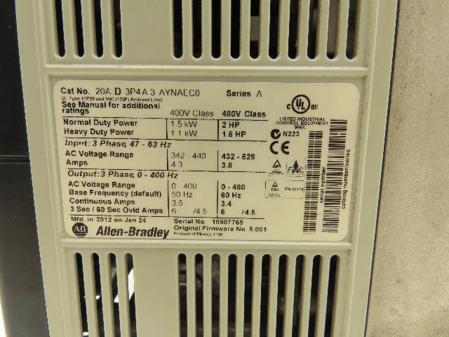 Allen Bradley 20AD3P4A3AYNAEC0 PowerFlex 70 VFD AC Drive 1.5kW 2Hp 460v 3.4A