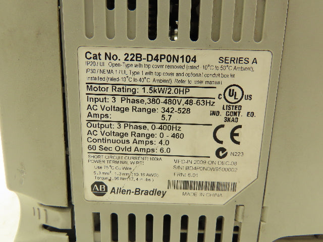Allen Bradley 22B-D4P0N104 Powerflex 40 VFD AC Drive 1.5kW 2Hp 480v 3Ph FRN 6.01