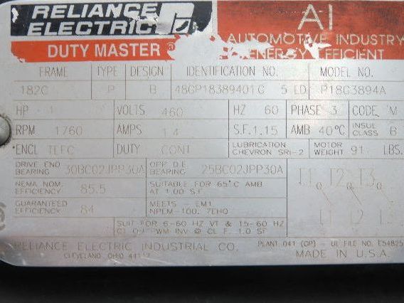 Reliance Electric P18G3894A AC Motor 1Hp 1760rpm 460V Only 3ph 182C TEFC