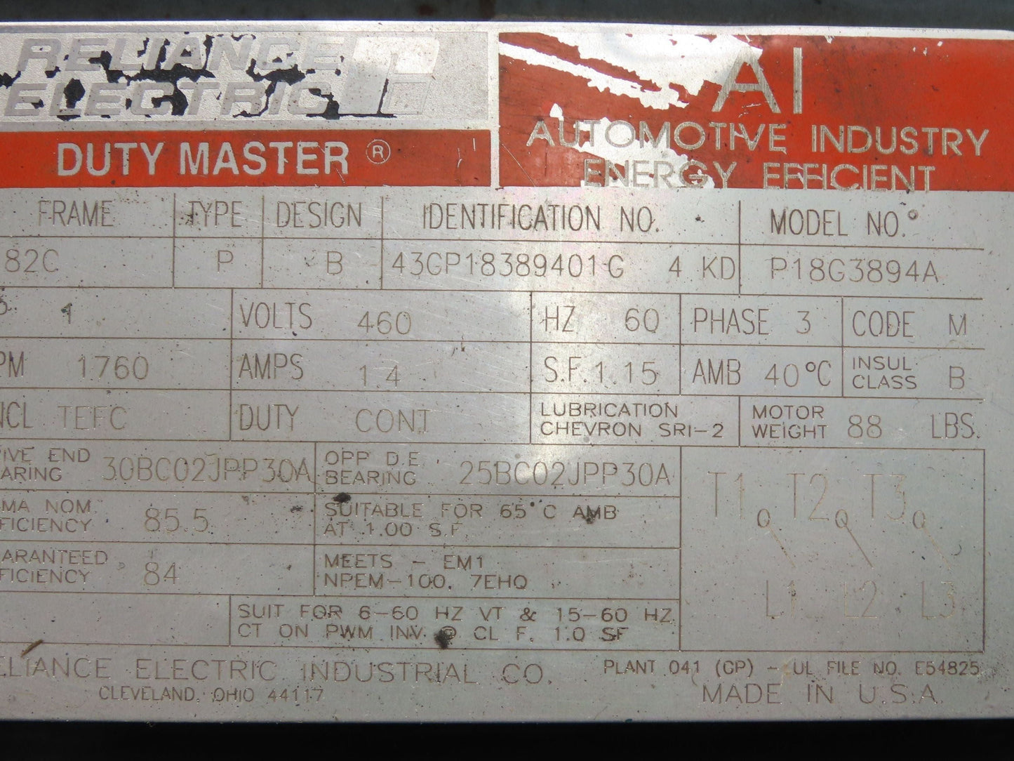 Reliance Electric P18G3894A AC Motor 1Hp 1760rpm 460V Only 3ph 182C TEFC