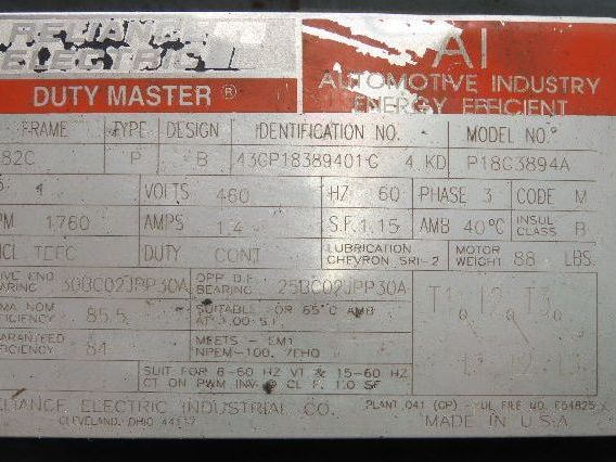 Reliance Electric P18G3894A AC Motor 1Hp 1760rpm 460V Only 3ph 182C TEFC