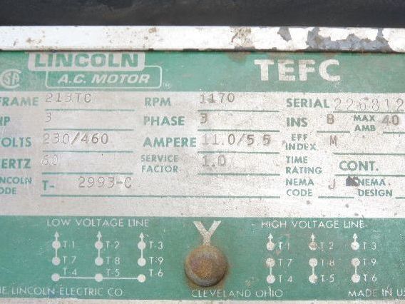 Lincoln T-2993-C AC Motor 3Hp 1170rpm 230/460v 3ph 213TC TEFC